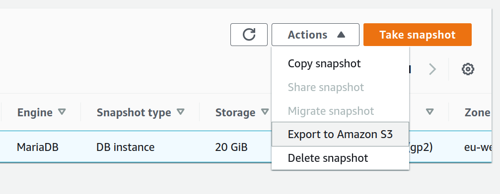 Export a Snapshot to s3