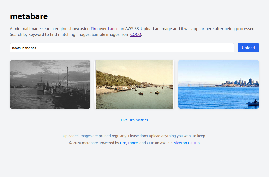 Metabare image search results for "boats in the sea", backed by Firn